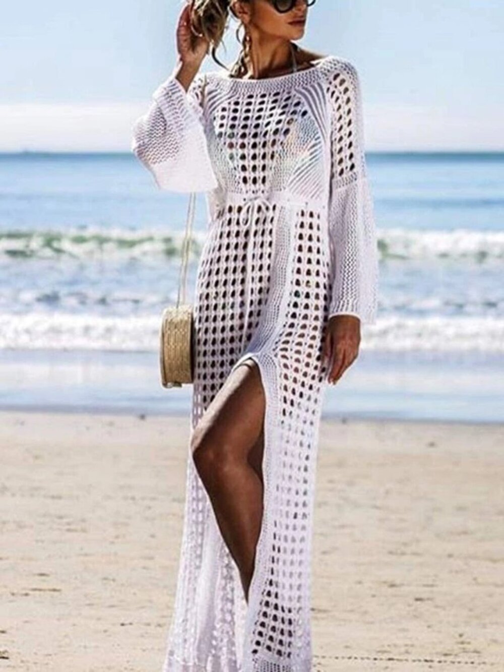 Women Mesh Cover Up Flared Sleeve O Neck Beach Bikini Summer Sundress Dress Suit
